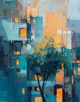 Blue yellow abstract oil painting